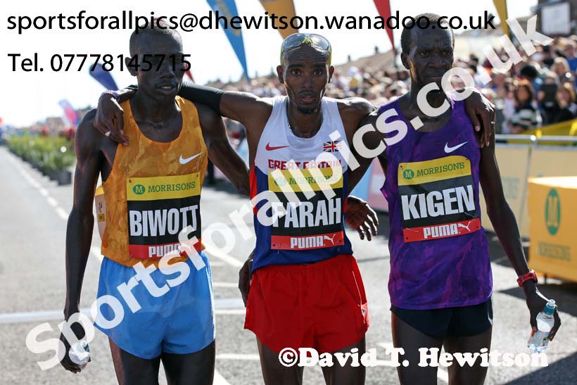 From left to right:Stanley Biwott 2nd, Mo Farah winner and Mike Kigen 3rd in the mens Morrisons Great North Run. Photo: David T. Hewitson/Sports for All Pics